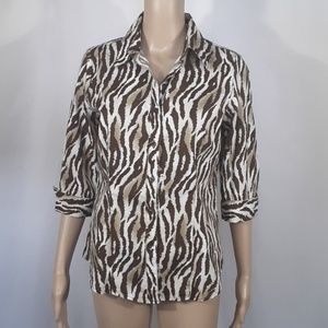 🍁Kim Rogers Brown Zebra Print Collared Blo